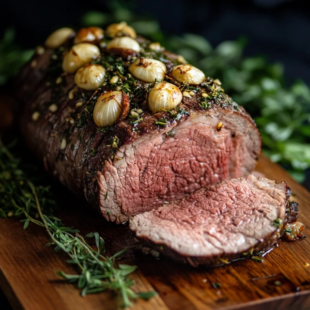 A garlic-stuffed roast beef being sliced on a cutting board.