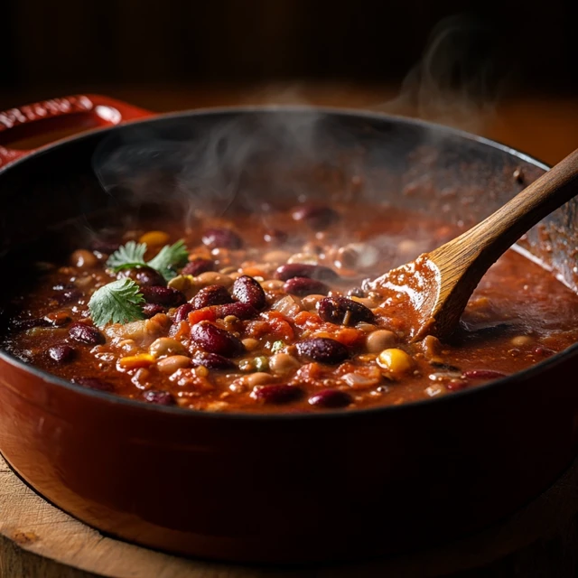 A pot of chili from a Southrn homemade chili recipe, simmering on the stove with visible beans, tomatoes, and ground beef.