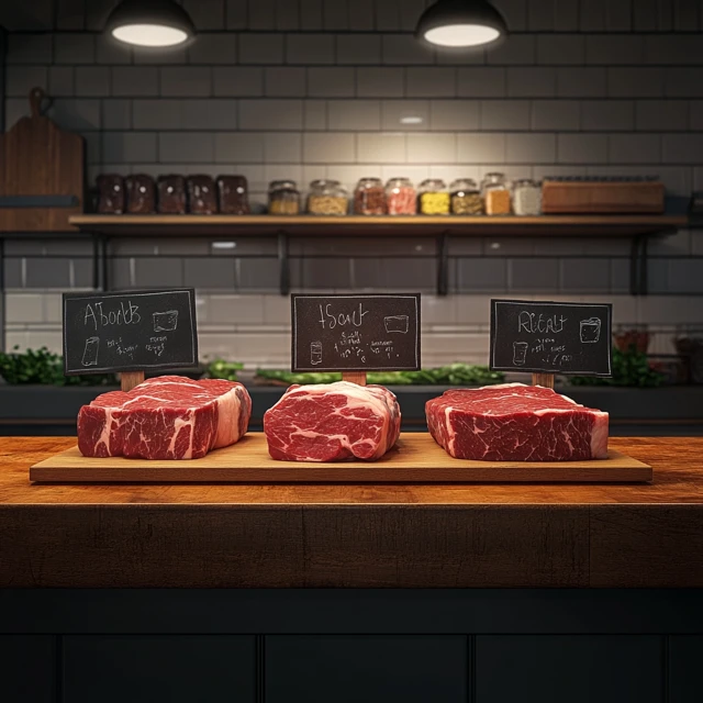A display of various beef cuts on a butcher’s table.