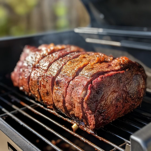 Poor Man’s Prime Rib being cooked in a smoker with wood chips