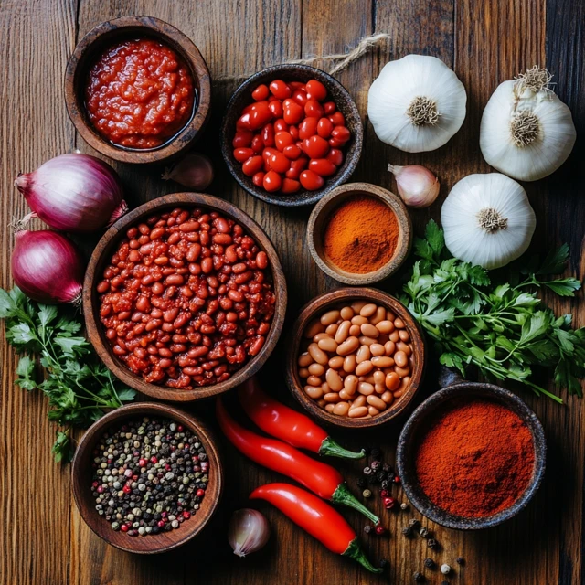 Essential ingredients for a Southrn homemade chili recipe, including ground beef, beans, tomatoes, onions, garlic, and spices, arranged on a wooden countertop.