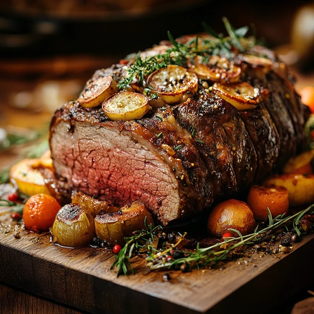 Poor Man’s Prime Rib served with roasted vegetables and mashed potatoes