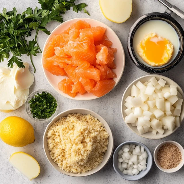 A flat lay of salmon patty ingredients including canned salmon, eggs, breadcrumbs, diced onion, fresh parsley, and lemon on a countertop.