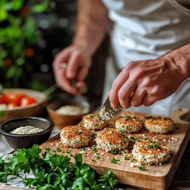 A person shaping salmon patties on a wooden board.
