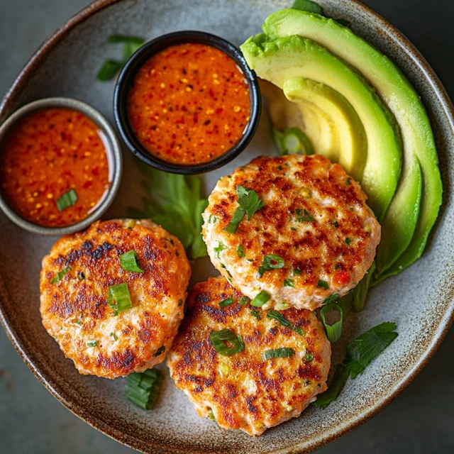 Salmon patties served with avocado slices and spicy sauce.