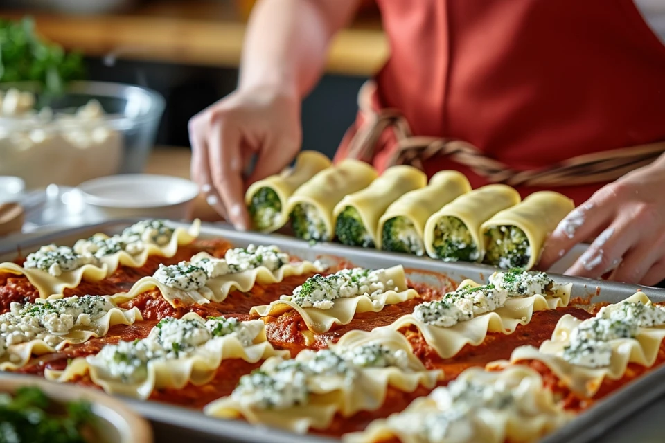 Lasagna rolls with broccoli and ricotta filling ready to be baked