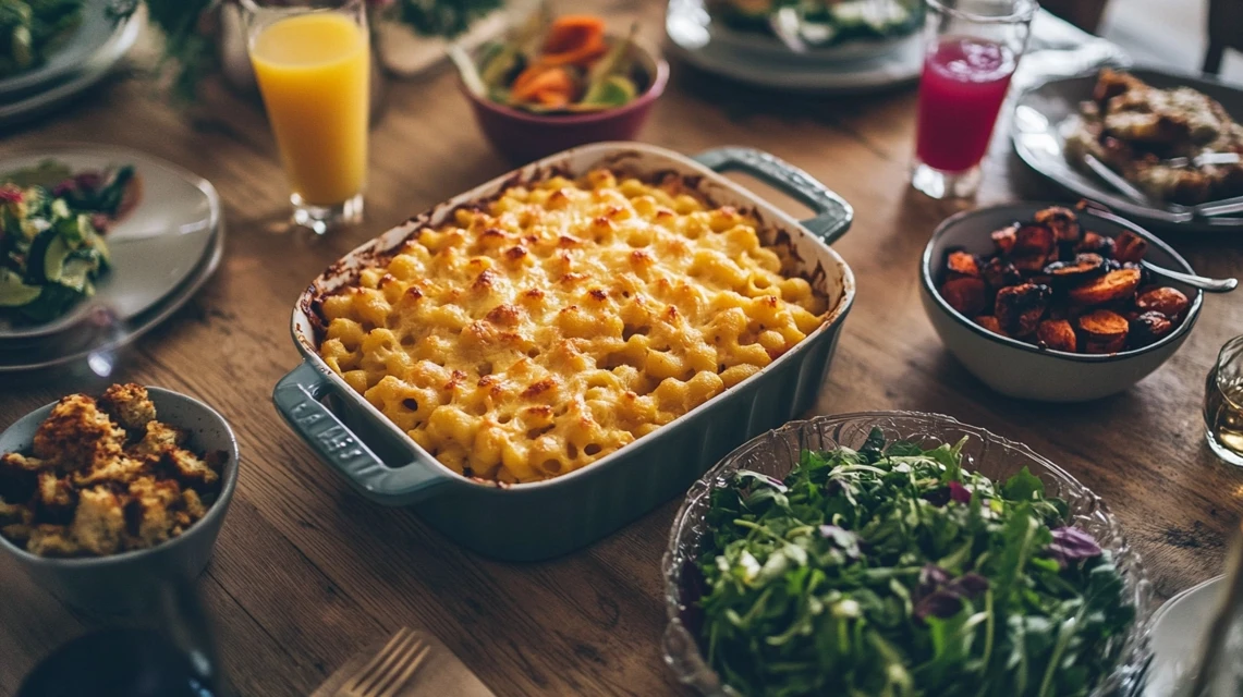 A casserole of baked macaroni and cheese on a dining table with roasted vegetables, salad, and juice.