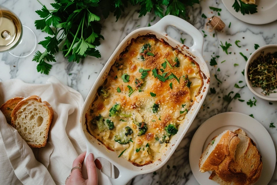 Chicken Broccoli Alfredo Bake fresh out of the oven on a dinner table