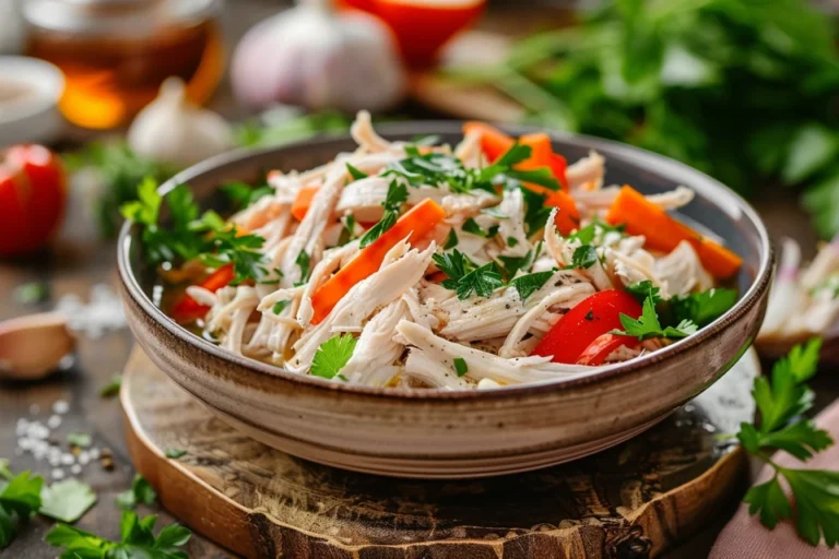 Crockpot frozen chicken with vegetables on a rustic countertop.