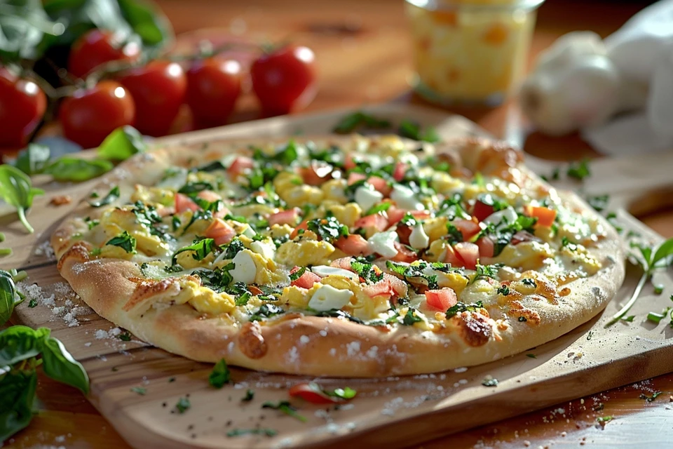 Freshly baked breakfast pizza for schools with eggs and veggies.