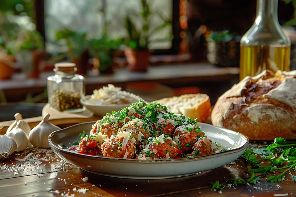 Chicken ricotta meatballs topped with marinara and parsley.