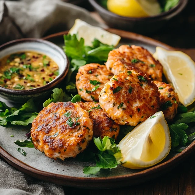 Golden-brown salmon patties on a plate with lemon and greens.