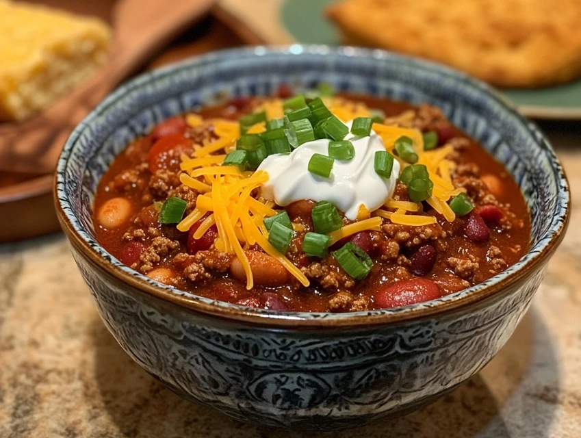 A bowl of Southern homemade chili topped with shredded cheddar cheese, sour cream, and green onions, served with cornbread on the side.