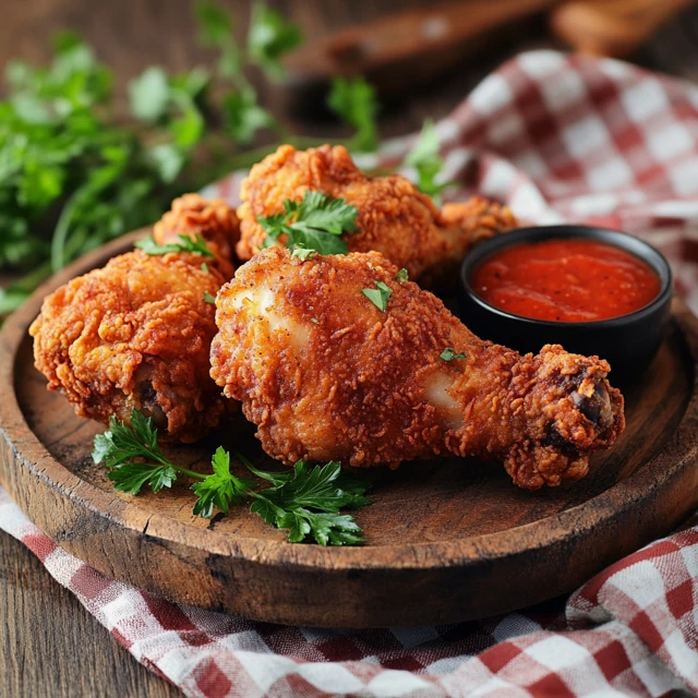 Golden crispy fried chicken served with dipping sauce