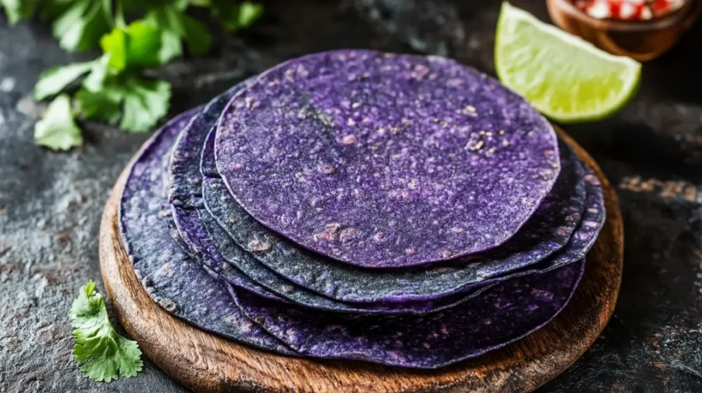 Freshly made blue corn tortillas with lime and salsa.