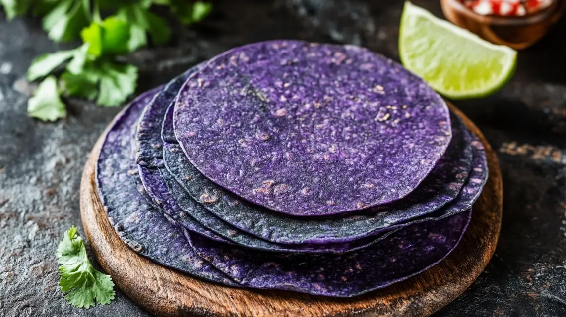 Freshly made blue corn tortillas with lime and salsa.
