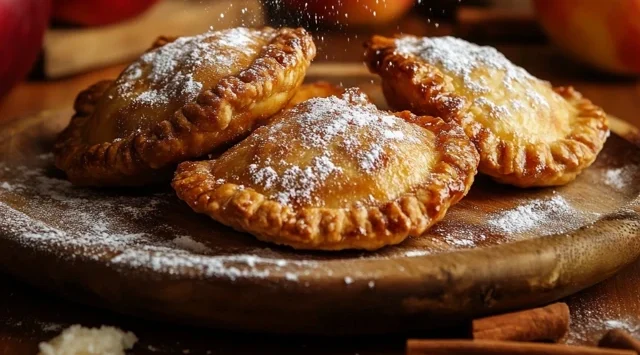 Golden fried apple pies with fresh apples and cinnamon sticks on a rustic plate.Golden fried apple pies with fresh apples and cinnamon sticks on a rustic plate.