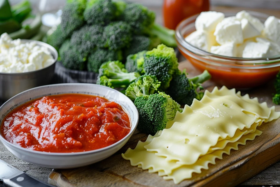 Ingredients for lasagnes brocolis ricotta arranged on a wooden counter
