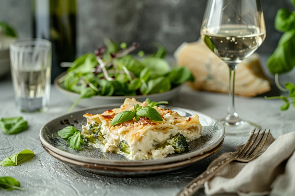 A plate of lasagnes brocolis ricotta served with Caesar salad and wine