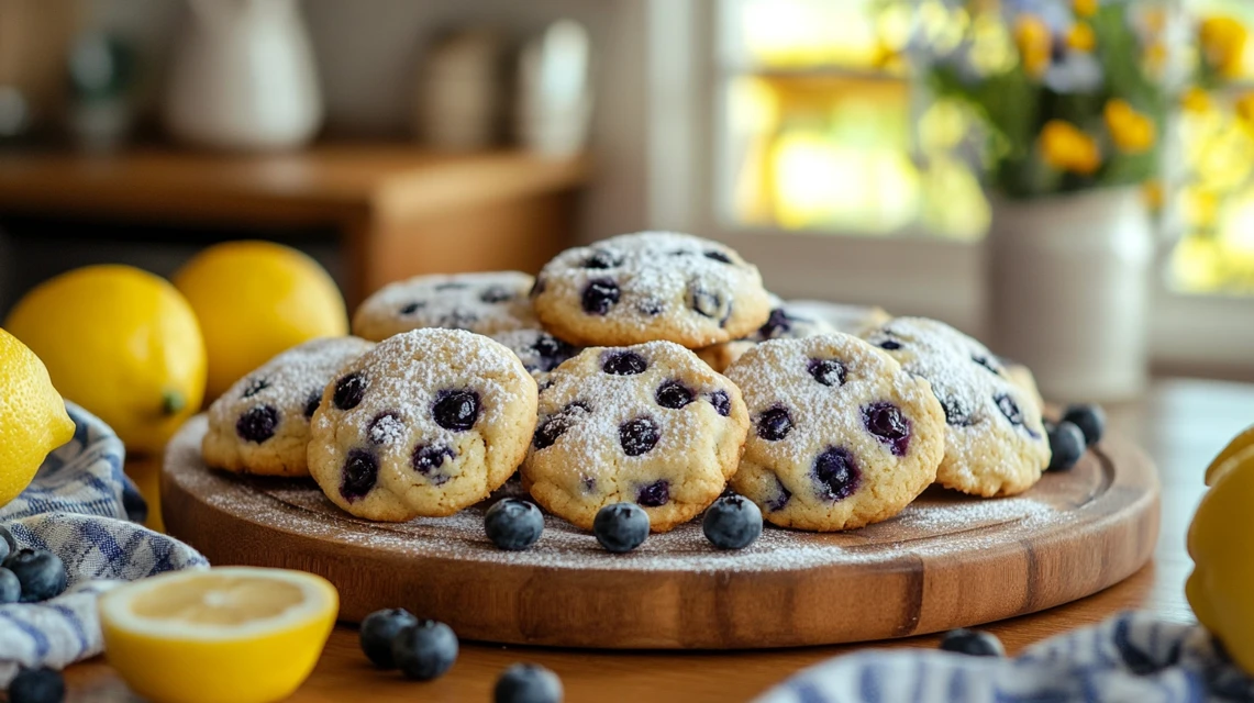 Freshly baked lemon blueberry cookies on a wooden platter with powdered sugar.