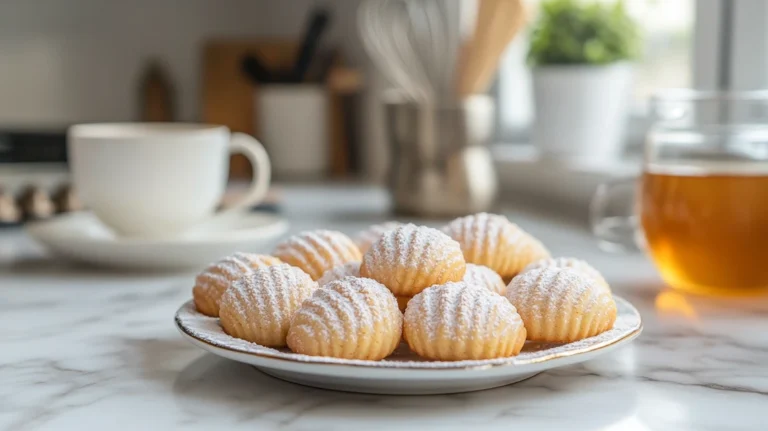 Plate of golden Madeline cookies with powdered sugar on a marble countertop.
