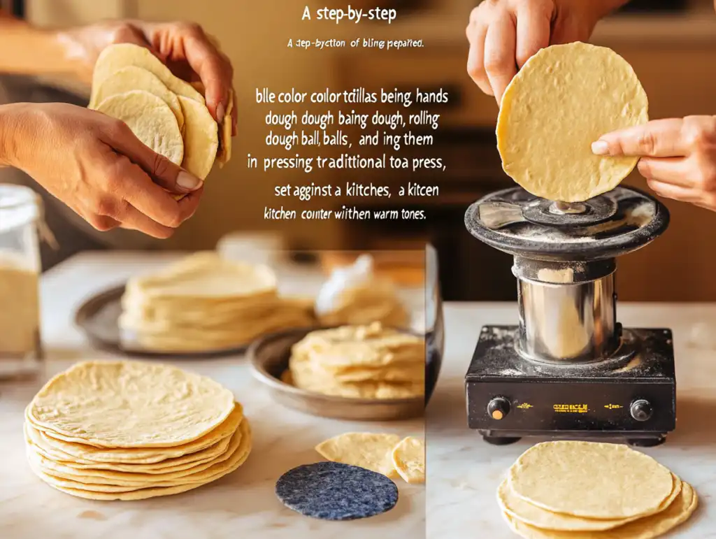 Easy Blue Corn Tortillas: Vibrant, Wholesome, and Culturally Rich Recipes 2 A step-by-step visual guide showing the preparation of blue corn tortillas using masa dough and a tortilla press.
