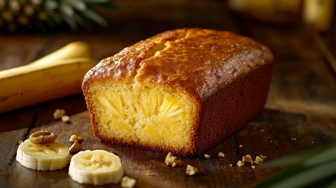 Freshly baked pineapple banana bread with bananas and pineapple.