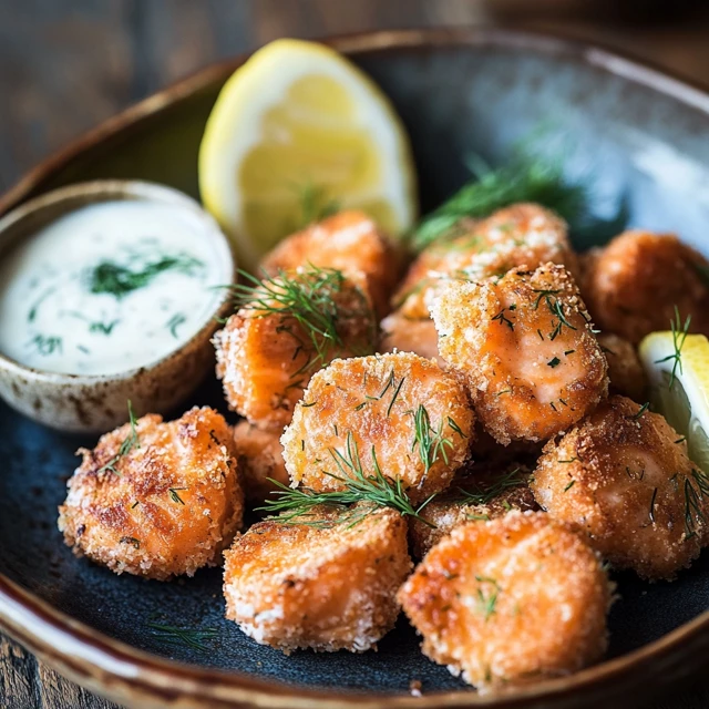 Crispy salmon bites with fresh dill and lemon wedges.