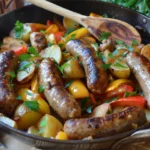 Rustic one-pan sausage, potatoes, and peppers meal.