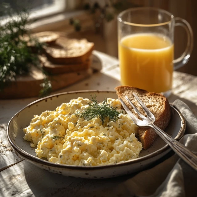 Scrambled eggs with cottage cheese garnished with fresh herbs on a breakfast table.