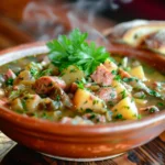 A hearty bowl of swamp soup with fresh ingredients.