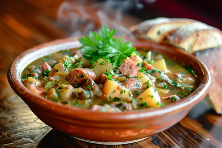 A hearty bowl of swamp soup with fresh ingredients.