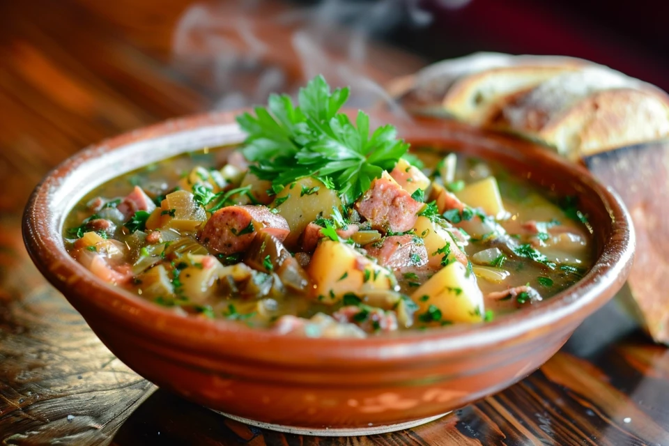 A hearty bowl of swamp soup with fresh ingredients.