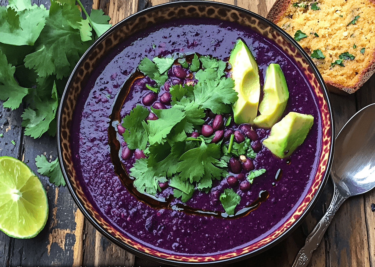 Bowl of purple black bean soup with garnishes and cornbread.