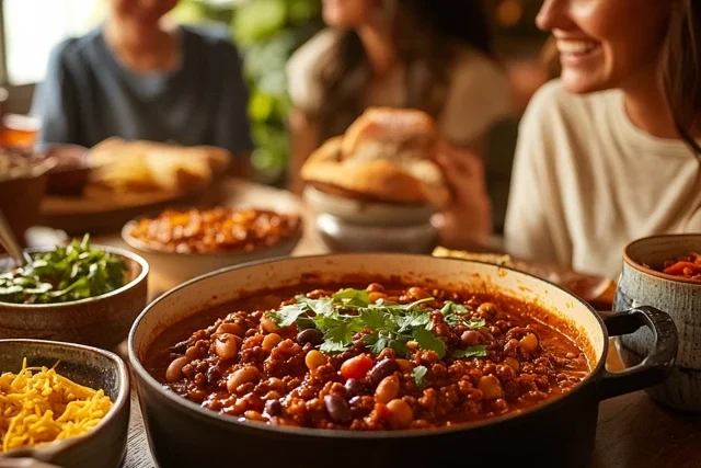 A family enjoying a Southrn homemade chili recipe at the dinner table, with bowls of chili and cornbread spread out in the center.