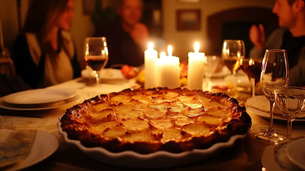 Sliced Passover potato pie served with salad and wine.
