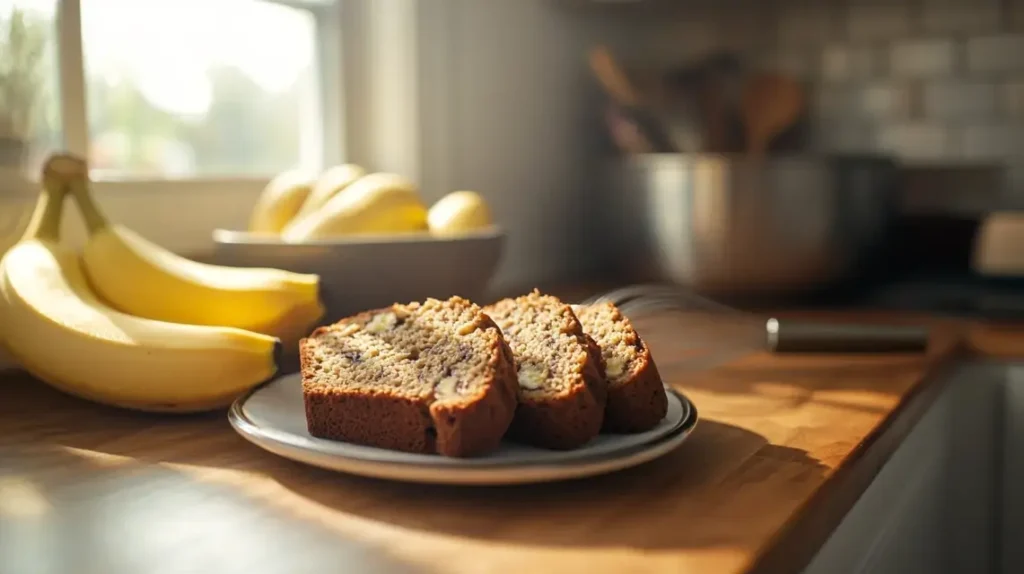 Banana bread slices on a kitchen counter with ingredients nearby.
