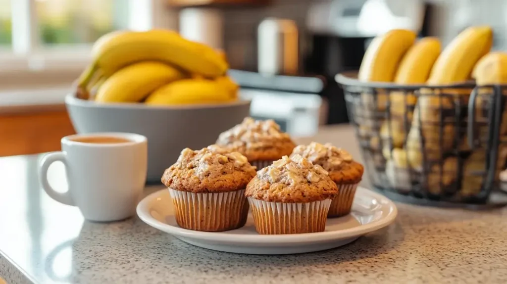 Banana muffins with a cup of coffee in a cozy kitchen setting.