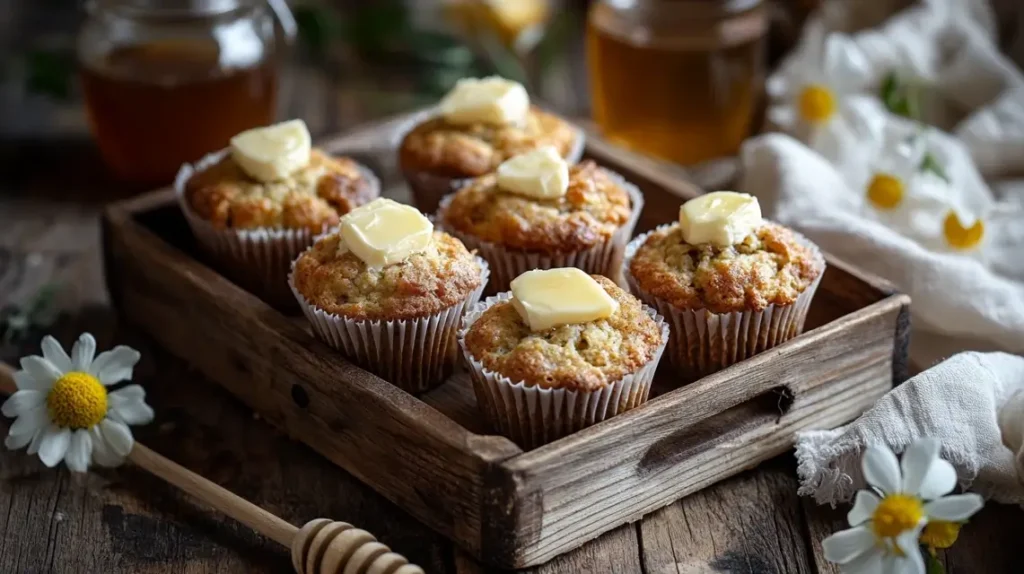 Banana muffins served with butter, honey, and tea on a rustic tray.