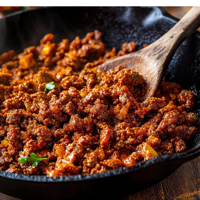 Sizzling beef chorizo in a skillet with vibrant spices.