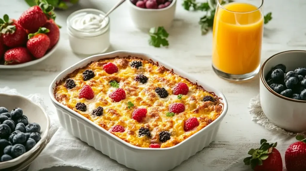 Breakfast casserole served with fruit and yogurt parfait.