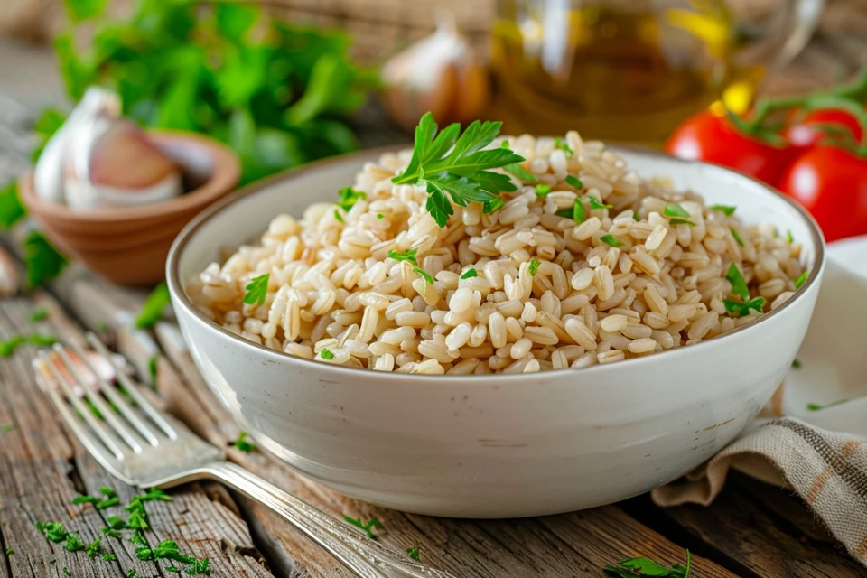 A bowl of brown rice pasta garnished with parsley.