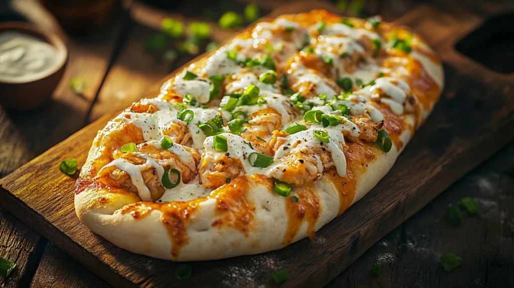 Freshly baked buffalo chicken flatbread with toppings.