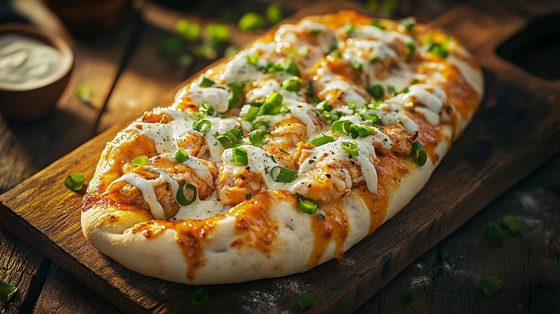 Freshly baked buffalo chicken flatbread with toppings.