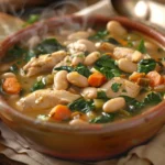 Bowl of chicken white bean soup with bread.