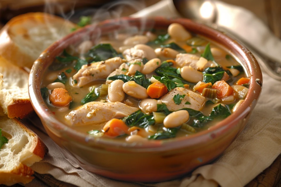 Bowl of chicken white bean soup with bread.