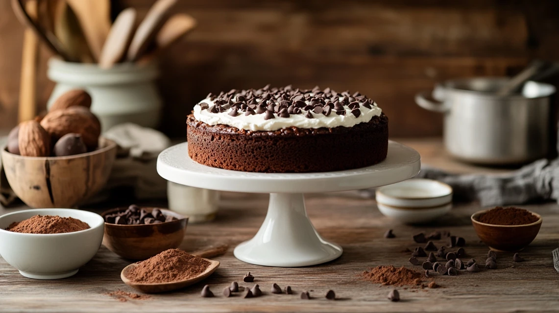 Chocolate Ricotta Cake on a White Cake Stand