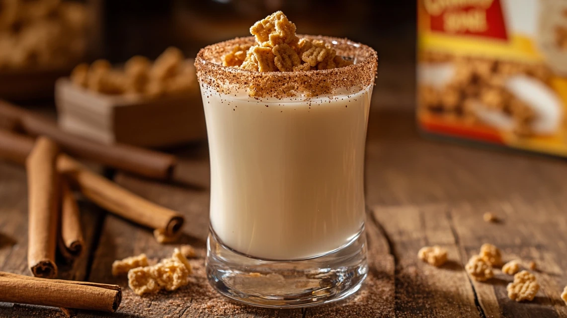 Cinnamon Toast Crunch Shot with cinnamon sugar rim and cereal garnish