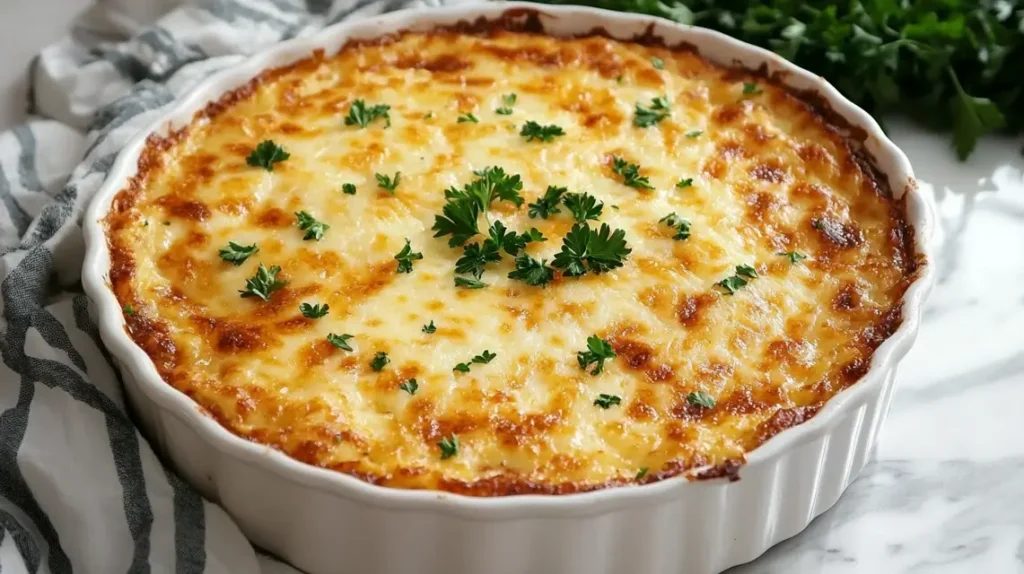 Close-up of a sausage and cheese breakfast casserole.