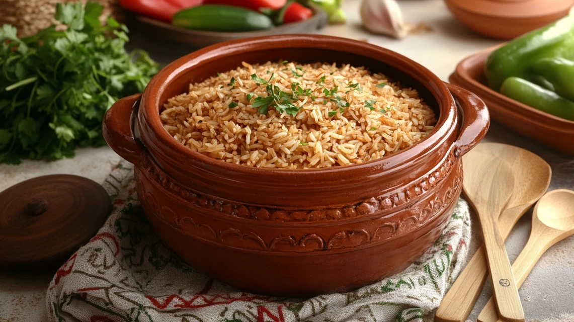 Rustic clay pot with golden brown rice and fresh vegetables.